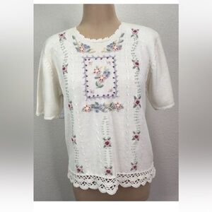 Vintage Koret Floral Embroidered Pointelle Knit Ivory Short Sleeve Sweater Top S